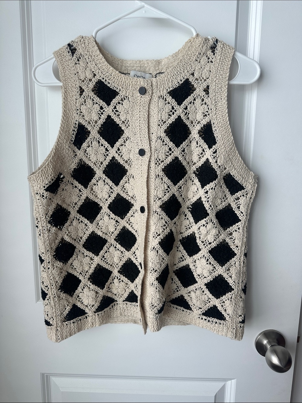 CeCe Cream and Black Crochet Diamond Vest